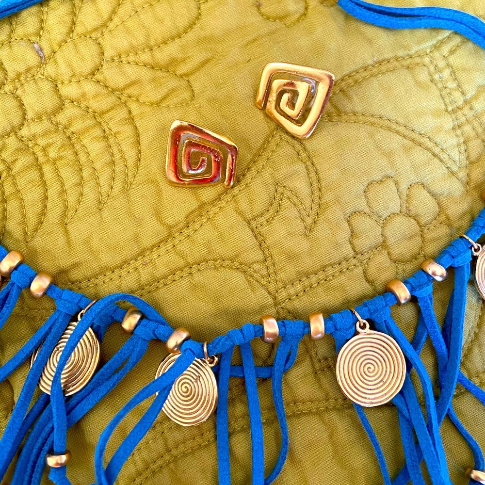 Leather and Brass Necklace Earring Set